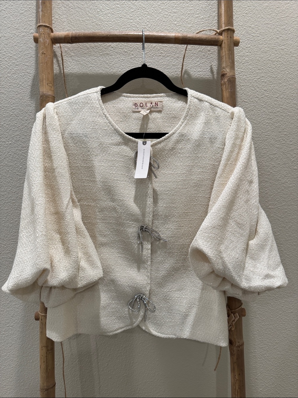 dolan Cream Textured Puff-Sleeve Tie-Front Blouse